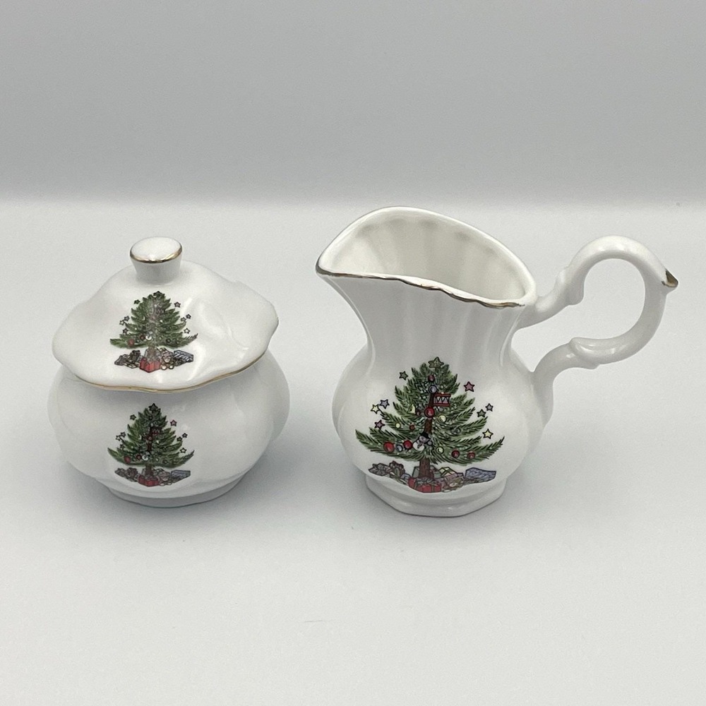 Vintage 1980s Christmas Tree Creamer & Sugar Set Taiwan Porcelain Gold Trim